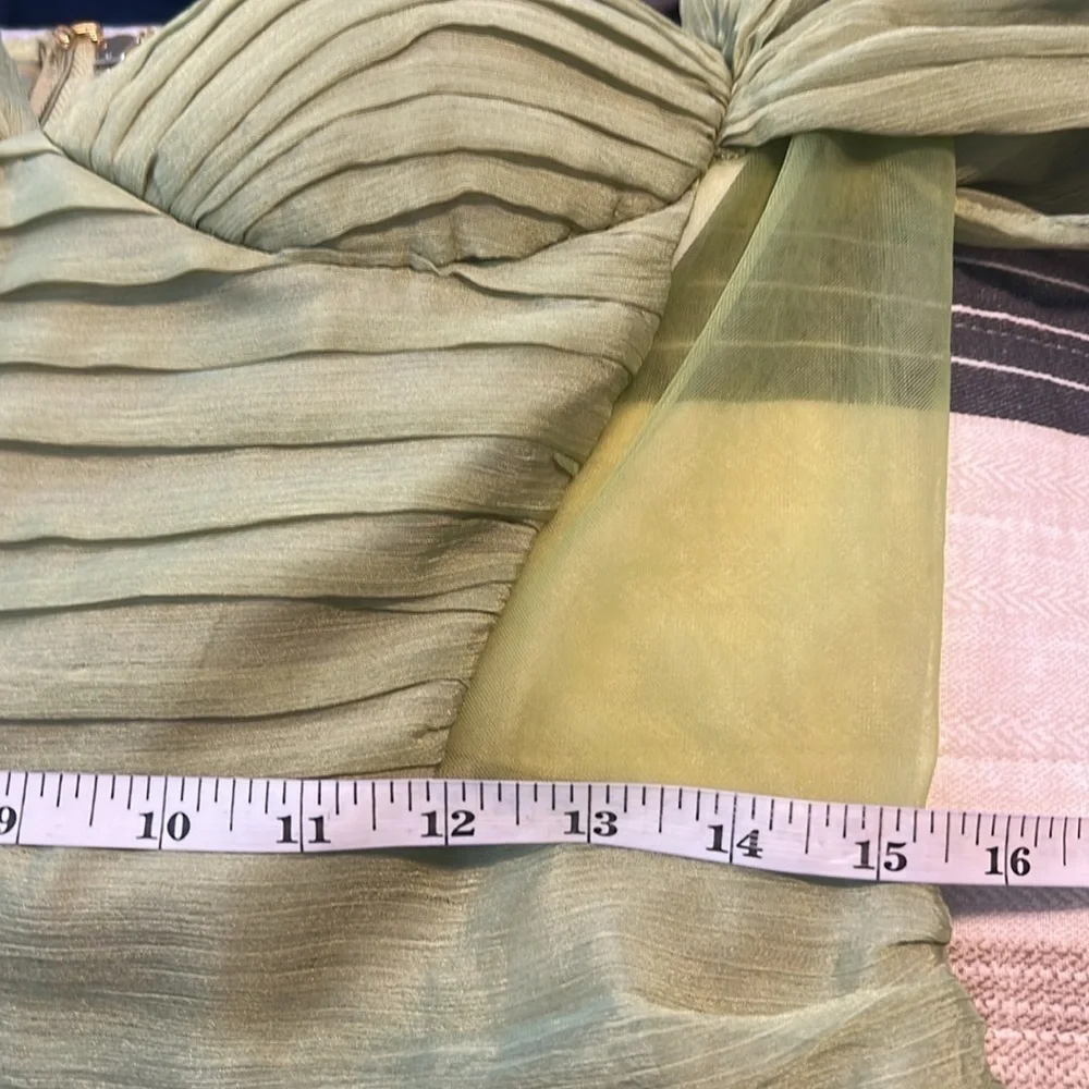 Miss Circle,Couture Clothier,Siren Olive, Silk Mesh,Lantern Sleeve Draping Dress